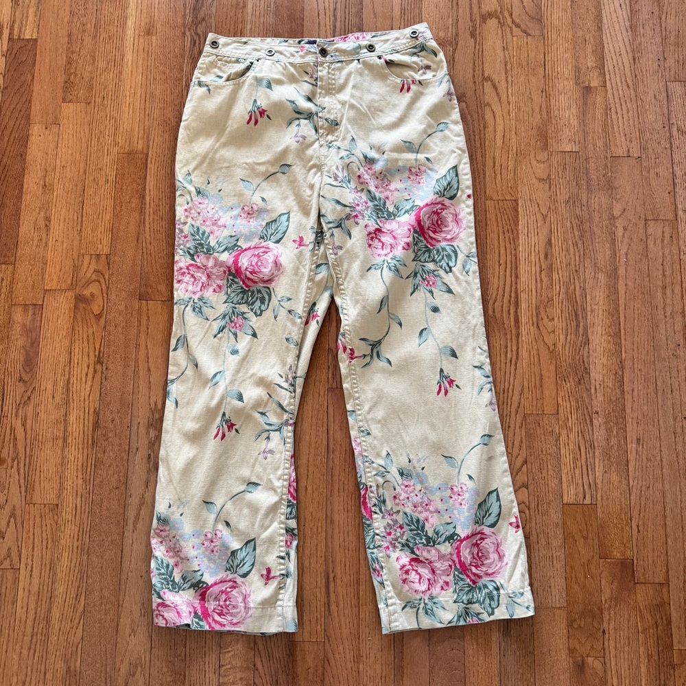 Hunt Club Cream Beige and Pink Floral Cotton Linen Wide Leg Pants size 16 - Picture 11 of 11